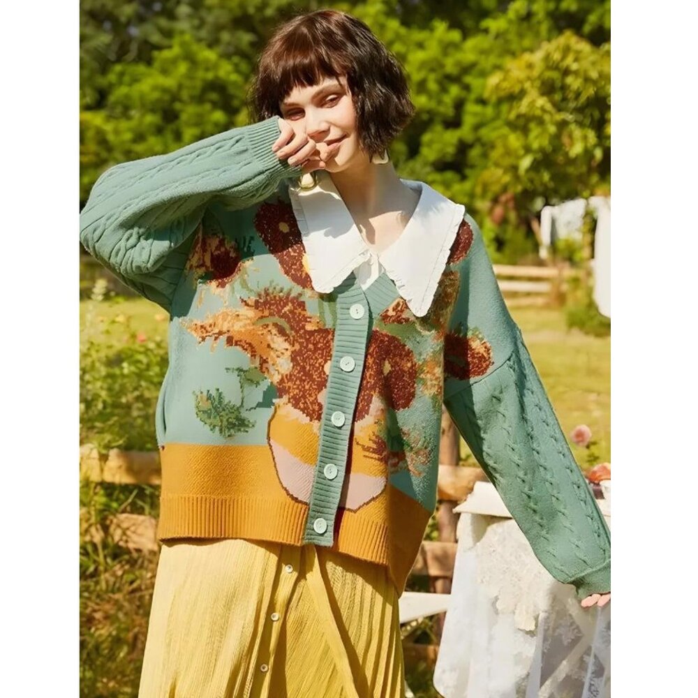 Van Gogh ‘Sunflowers’ Painting Vintage Oversized Knit Button Up Cardigan
